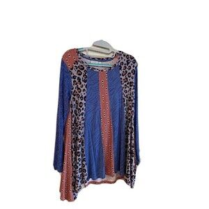 LOGO Lori Goldstein Long Sleeve Mixed Print Stripe Knit Top Red Clay (S)